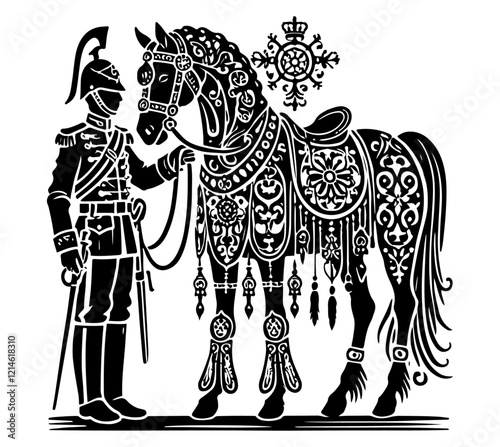 A highly decorative design of a soldier in traditional uniform beside an elaborately adorned horse, combining elegance and military themes