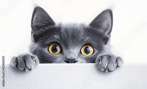 Curious gray cat peeking over a white surface.
