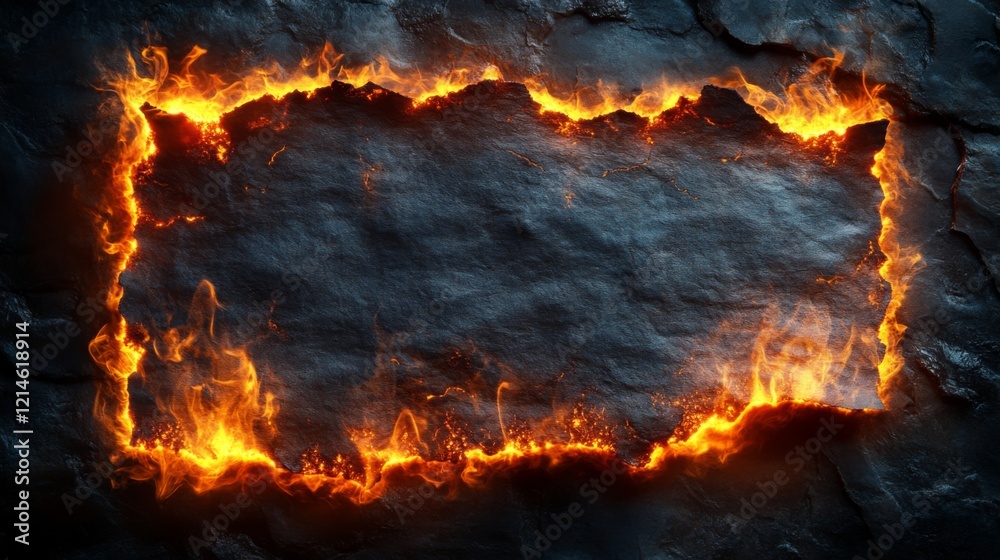 Fototapeta premium Burning rectangular frame made of fire on dark rock background