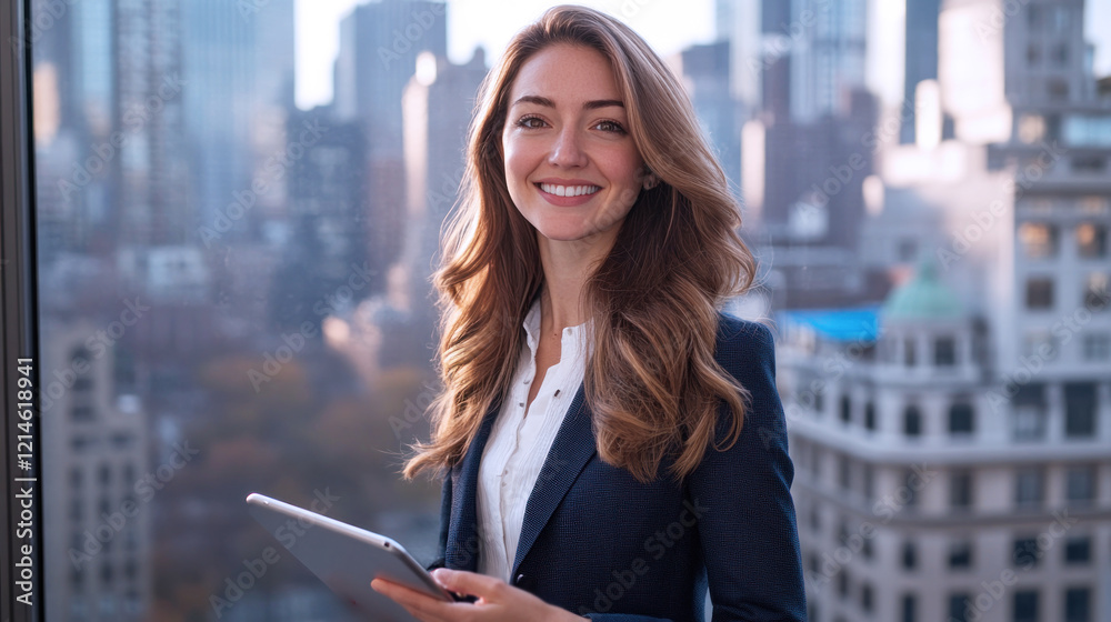 Fototapeta premium French business woman in suit smiling holding tablet at city with skyscrapers