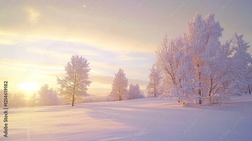 Golden Winter Sunrise: Serene Landscape Cinematic View with Snow-Covered Field and Frosted Trees Bathed in Soft Light Golden Winter Sunrise: Serene Landscape Cinematic View with Snow-Covered Field and Frosted Trees Bathed in Soft Light