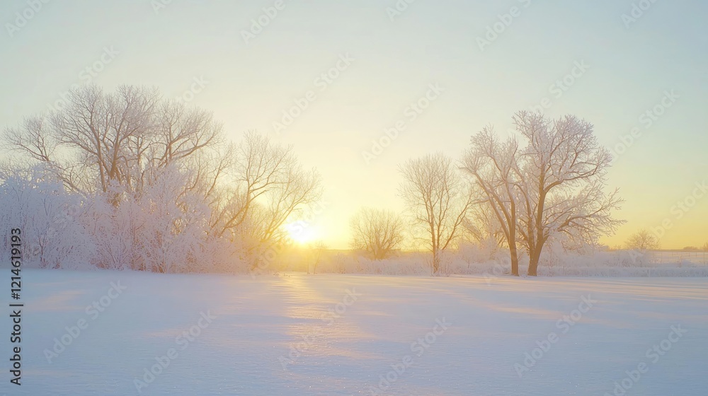 Golden Winter Morning: Majestic Sunrise Illuminating Snowy Landscape with Frosted Trees Golden Winter Morning: Majestic Sunrise Illuminating Snowy Landscape with Frosted Trees