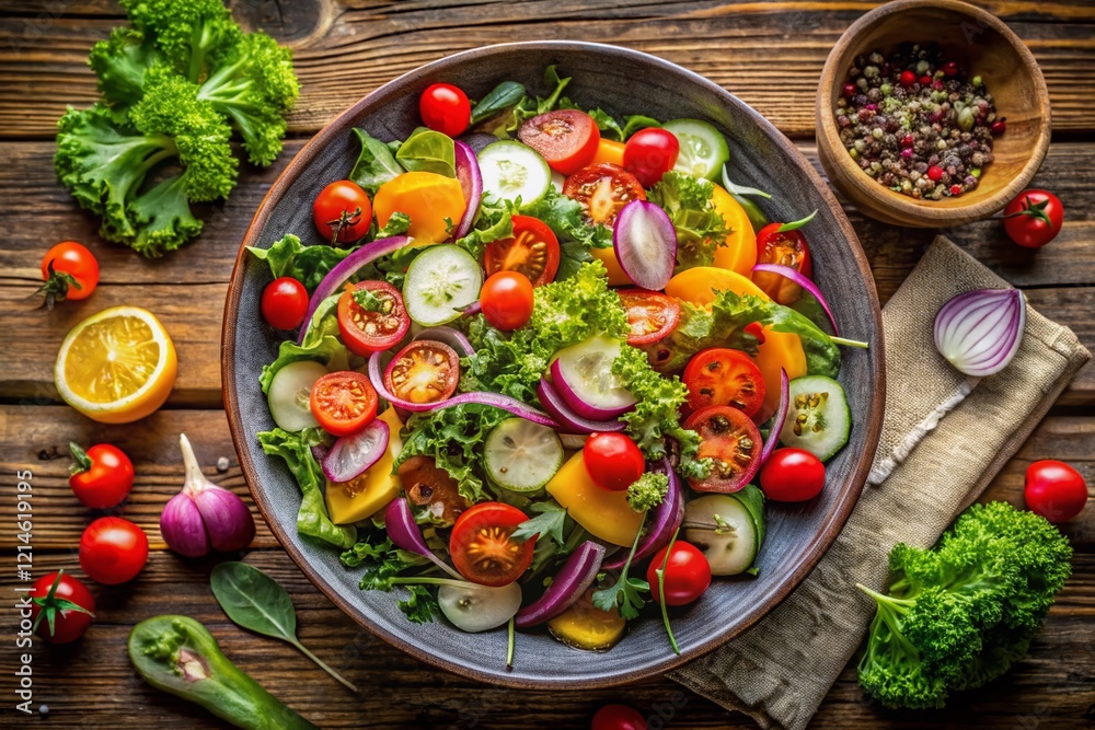 Aerial View of Vibrant Mixed Vegetable Salad, Diverse Textures & Colors Aerial View of Vibrant Mixed Vegetable Salad, Diverse Textures & Colors