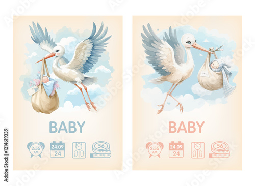 Watercolor Baby posters of newborn metric, height, weight, date of birth with stork carrying a cute baby. Newborn announcement cards, birthday party.