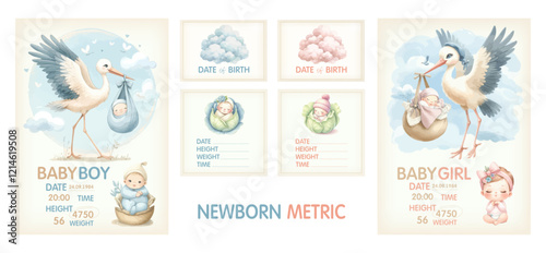 Watercolor Baby posters of newborn metric, height, weight, date of birth with stork carrying a cute baby. Newborn announcement cards, birthday party.