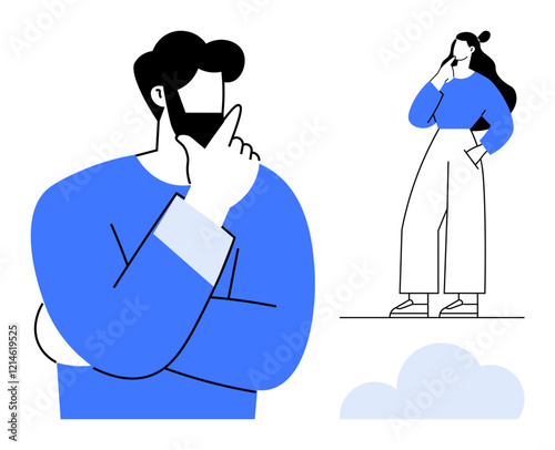 Two reflective figures thinking with hand on chin. Blue and white color scheme. Ideal for decision-making, strategy, brainstorming, problem-solving, innovation, creativity, planning concepts