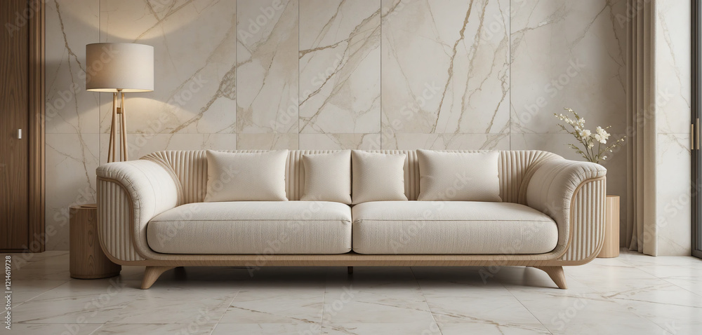 Fototapeta premium Hyper realistic photo, detail, product photography, Couch with Lamp, warm oak, fluted cream travertine, with a minimal japanese fluffy padded sofa, ribbed, fluted, concrete