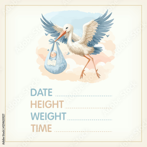 Watercolor Baby posters of newborn metric, height, weight, date of birth with stork carrying a cute baby. Newborn announcement cards, birthday party.