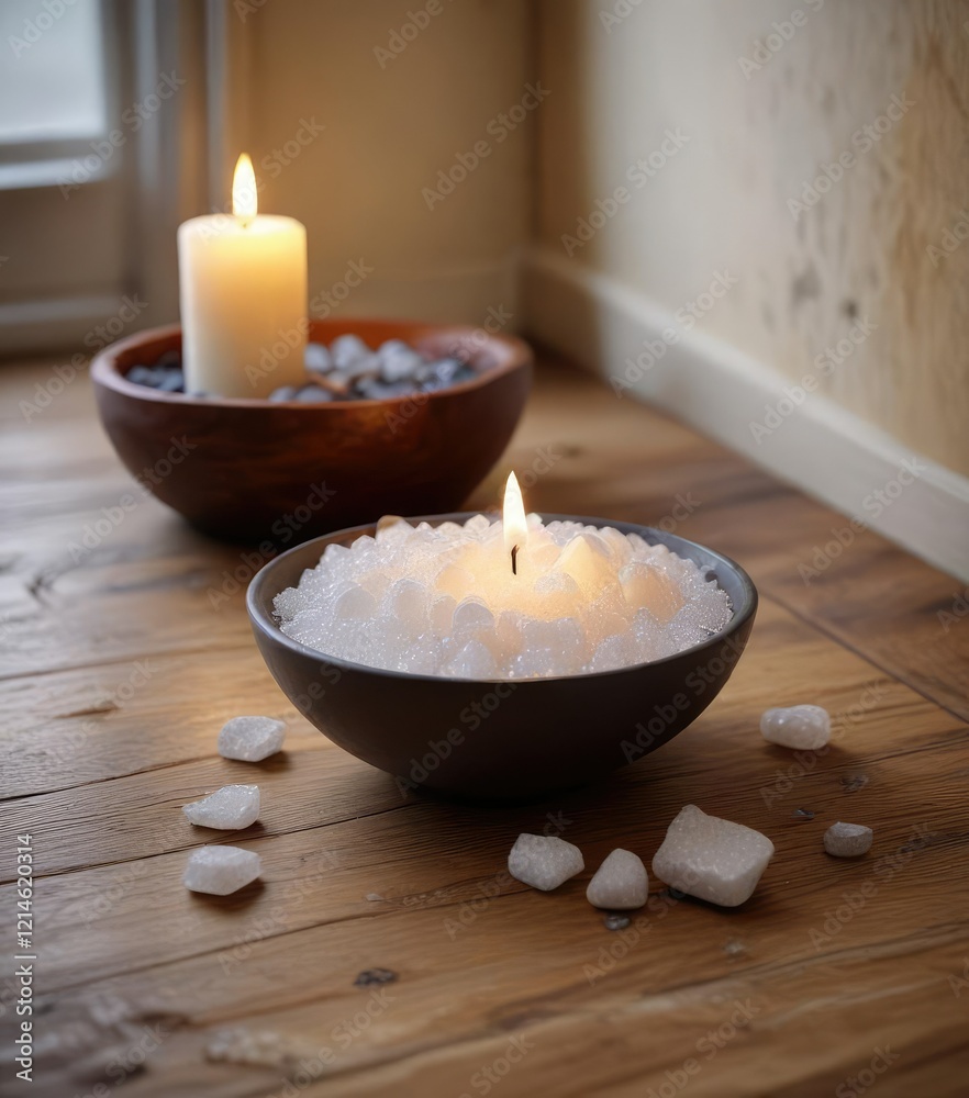 Bowl of sugar and rocks alongside a soft glowing candle on a wooden table with a natural stone floor , rocks, natural decor Bowl of sugar and rocks alongside a soft glowing candle on a wooden table with a natural stone floor , rocks, natural decor