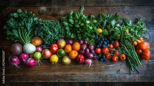 A variety of organic fruits and vegetables displayed on a rustic wooden table, showcasing vibrant colors and freshness