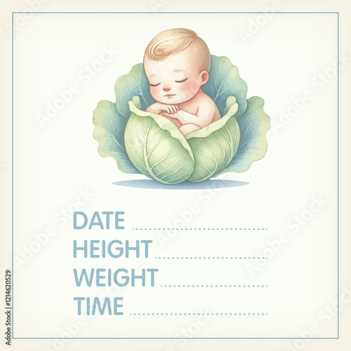 Watercolor Baby posters of newborn metric, height, weight, date of birth with newborn baby in cabbage. Newborn announcement cards, birthday party.