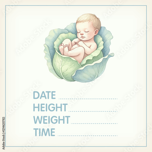 Watercolor Baby posters of newborn metric, height, weight, date of birth with newborn baby in cabbage. Newborn announcement cards, birthday party.