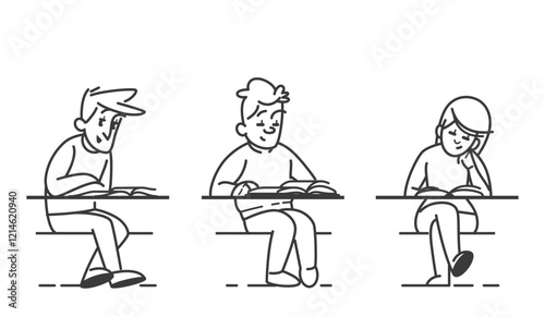 People sitting reading a book on a table