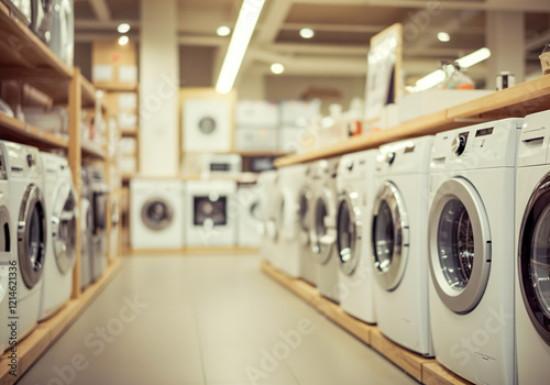 New washing machine appliances display in electronics store interior, retail showroom with white laundry equipment lineup, household department layout photo