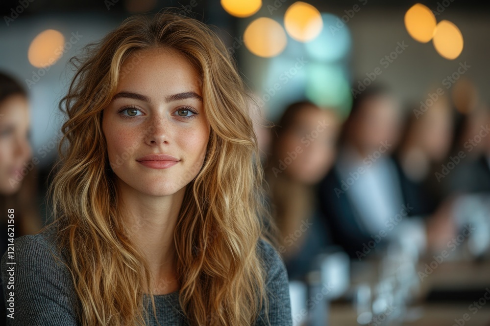 A woman sits at a table with a group of people in the background, possibly having a conversation or sharing food A woman sits at a table with a group of people in the background, possibly having a conversation or sharing food