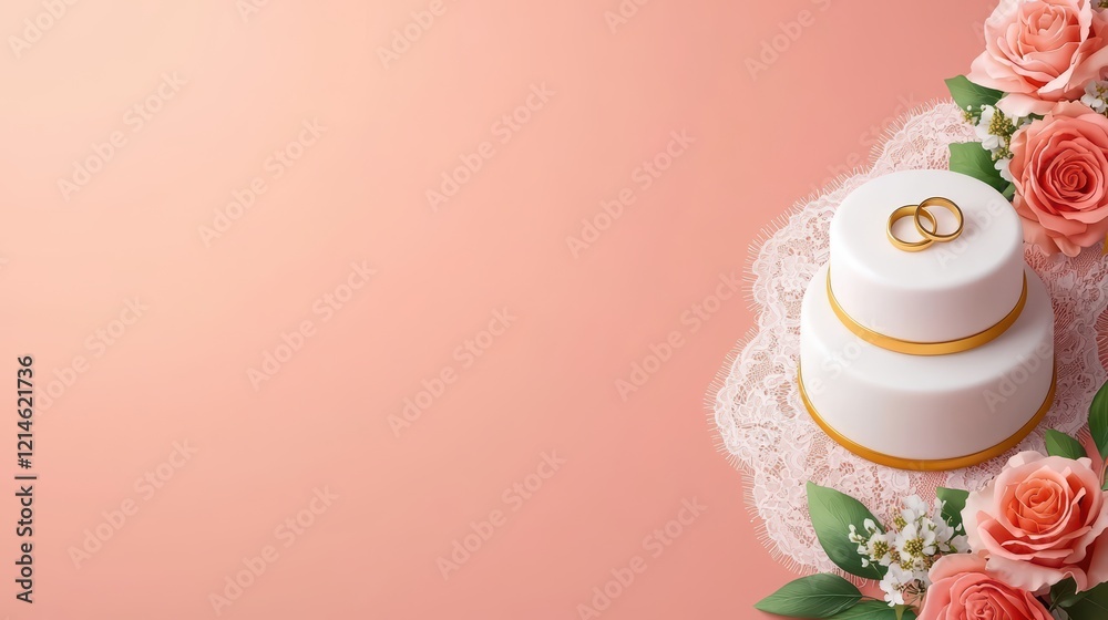 Elegant Wedding Cake with Roses and Wedding Rings on Soft Background Elegant Wedding Cake with Roses and Wedding Rings on Soft Background