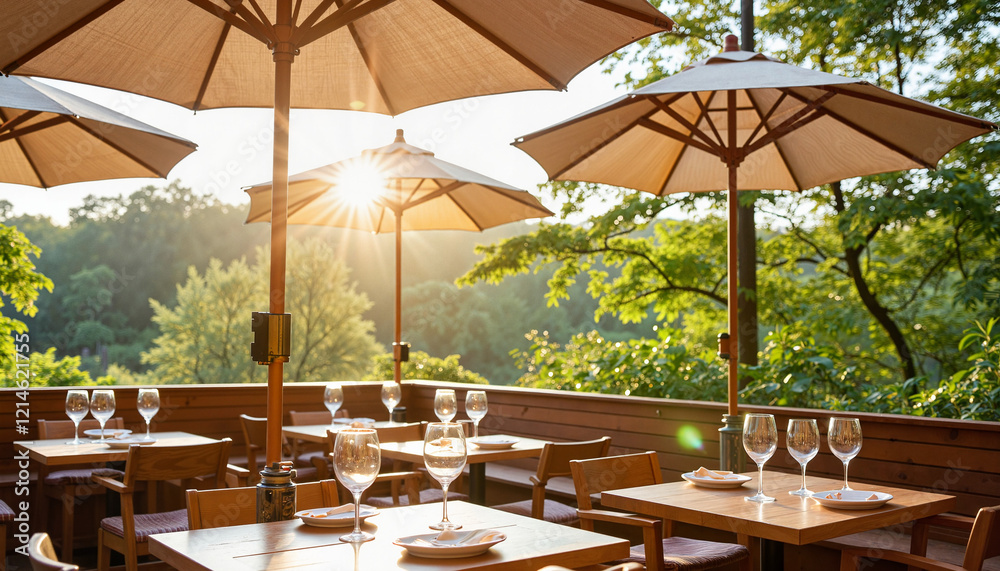 Obraz premium Cozy dining under table umbrellas at sunset, peaceful enjoyment