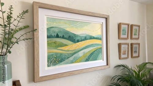 A framed piece of abstract art in subtle greens and yellows adorns one wall adding a touch of whimsy without overwhelming the soothing atmosphere.