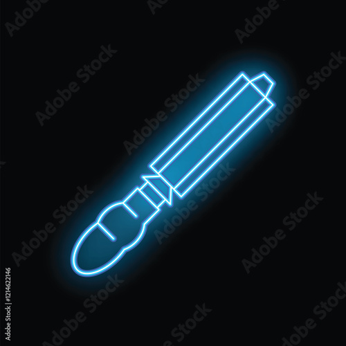 Blue glowing neon icon of a putty knife spreading plaster, sealant, or glue