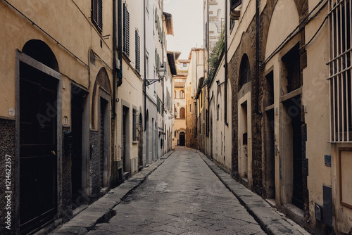 A serene landscape view of a narrow cobbled alley flanked by historic Florentine buildings