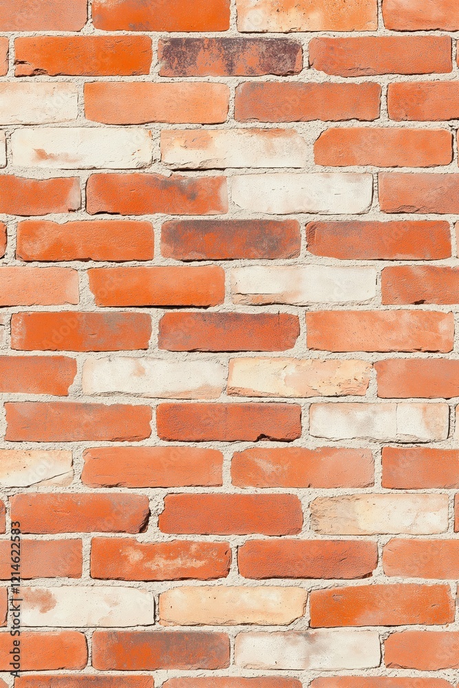 Fototapeta premium Aged red brick wall provides strong background. Texture of brickwork shows varied shades of red, off-white mortar. Old building facade exhibits aged style. Exterior construction displays antique