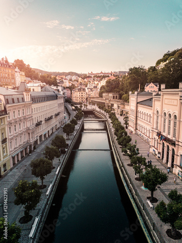 Aerial View of Karlovy Vary, the Spa Capital of Czech Republic, Captured in the Tranquility of an Early Morning in summer