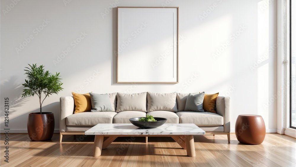 Fototapeta premium Elegant white marble coffee table adorned with a sleek black bowl of lush greenery, flanked by sturdy wooden legs beside a soft beige couch