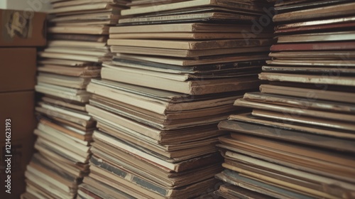 Stacks of vintage books, various sizes and colors, close-up view.