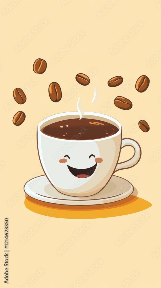 Obraz premium Happy Coffee Cup with Coffee Beans Surrounding It