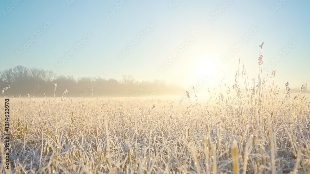 Obraz premium Frozen Beauty: Tranquil Winter Meadow with Glistening Frosty Grass under the Morning Sunlight - Ultra-Detailed Cinematic Image