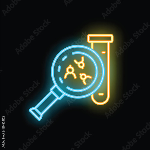 Neon icon depicting a magnifying glass examining molecules inside a test tube, symbolizing scientific research and analysis