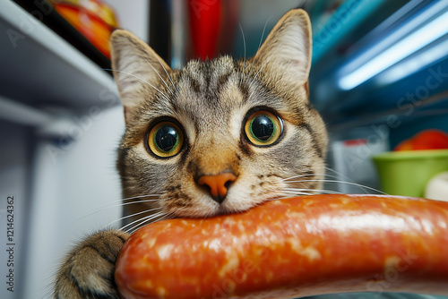 Close up of tabby cat biting sausage in refrigerator, curious pet stealing food with big yellow eyes, humorous domestic animal behavior photo