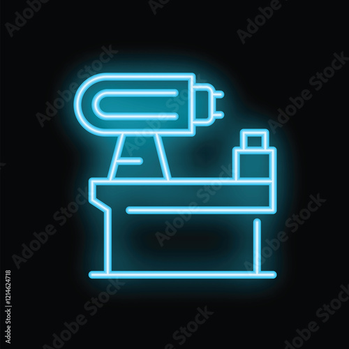 Blue neon icon of a large industrial machine operating on a production line