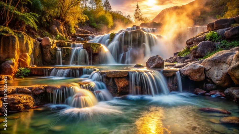 Obraz premium Serene Waterfall Hot Spring: Nature's Geothermal Spa - Stock Photo