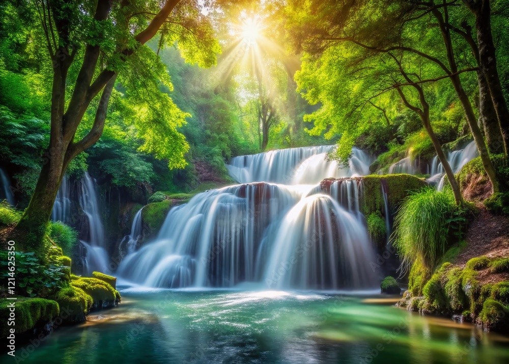 Fototapeta premium Serene Waterfall Park: Double Exposure of Smooth Water and Lush Greenery