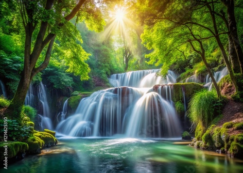 Serene Waterfall Park: Double Exposure of Smooth Water and Lush Greenery