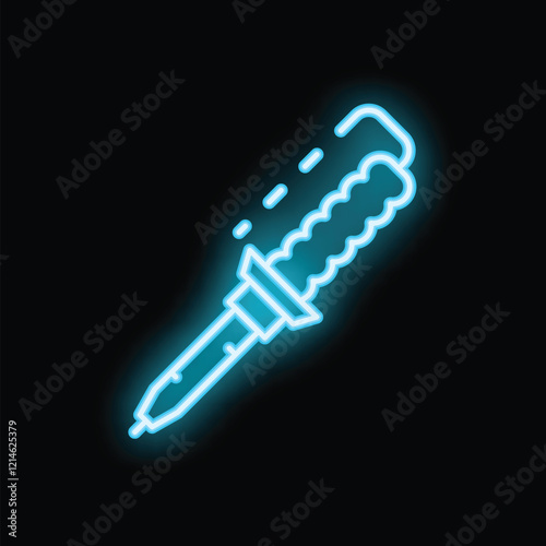 Blue neon icon of a soldering iron emitting smoke on a black background