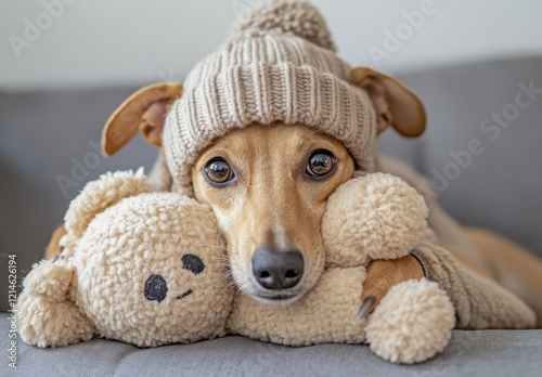 Adorable Dog in Cozy Knit Hat Cuddling a Plush Toy on a Soft Couch, Capturing the Essence of Comfort, Warmth, and Playfulness in a Home Environment photo