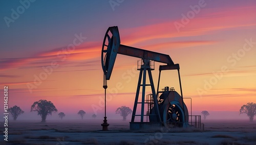 A majestic oil pump silhouette stands against a warm, gradient sky at dusk, with hues of burnt orange, pink, and purple bleeding into a deep blue, set amidst a vast, open landscape with a few scattere photo