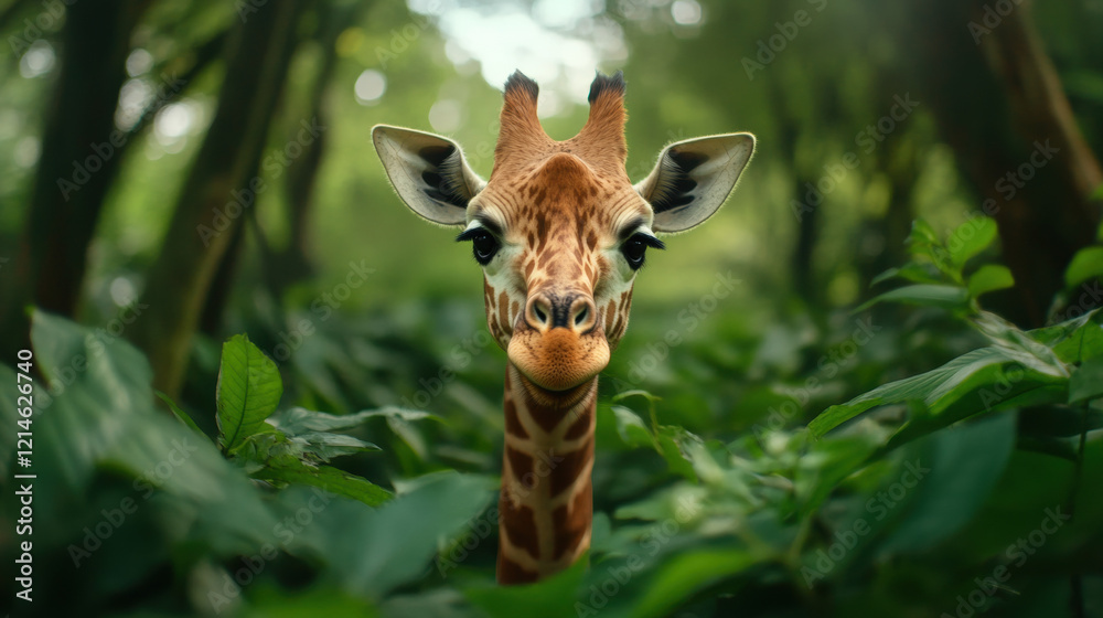 Giraffe peering through lush green foliage in a natural habitat setting. Giraffe peering through lush green foliage in a natural habitat setting.