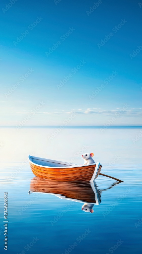Naklejka premium Adventurous mouse in a wooden boat serene lake digital artwork tranquil nature close-up whimsical journey