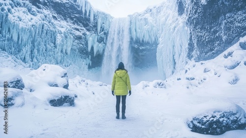 Winter Wanderlust: Adventurous Woman in Bright Jacket at Frozen Waterfall - Cinematic January Expedition