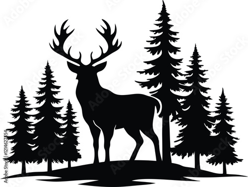 Silhouette of a deer with pine trees and forest scenery.rainder and forest scenery
