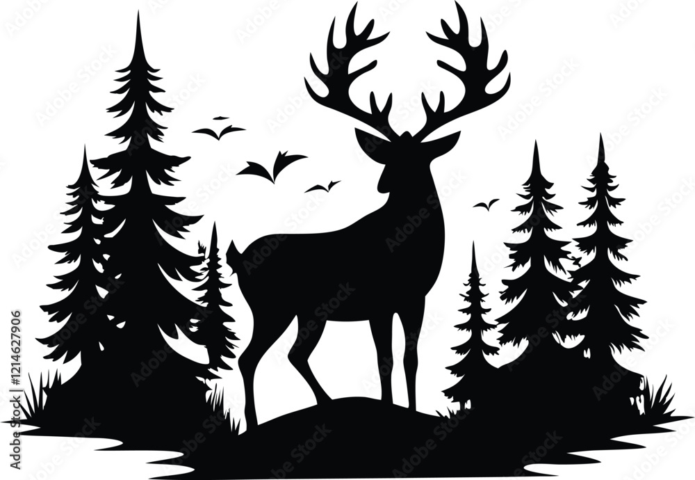 Silhouette of a deer with pine trees and forest scenery.rainder and forest scenery Silhouette of a deer with pine trees and forest scenery.rainder and forest scenery