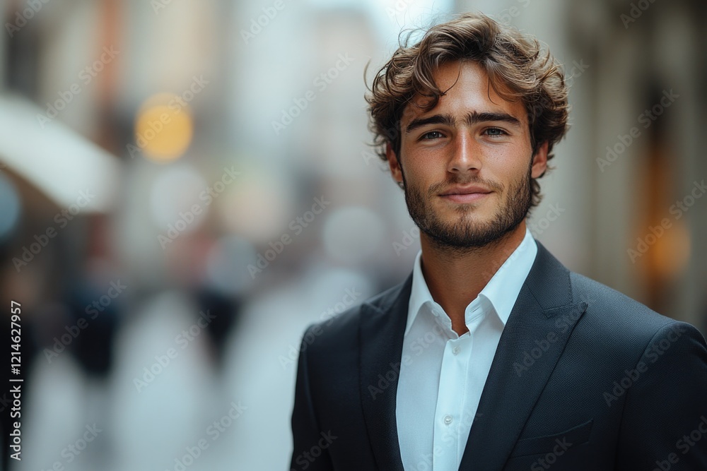 A businessman stands alone on a busy urban street, dressed in formal attire A businessman stands alone on a busy urban street, dressed in formal attire
