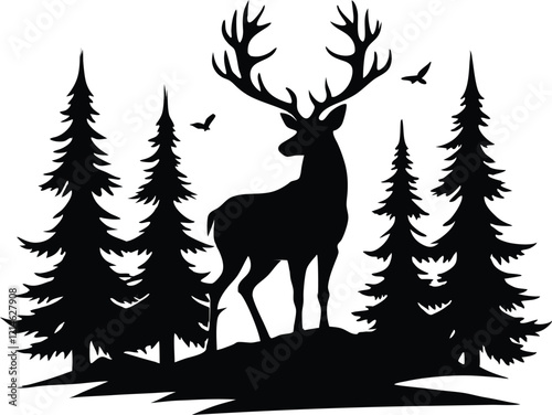 Silhouette of a deer with pine trees and forest scenery.rainder and forest scenery