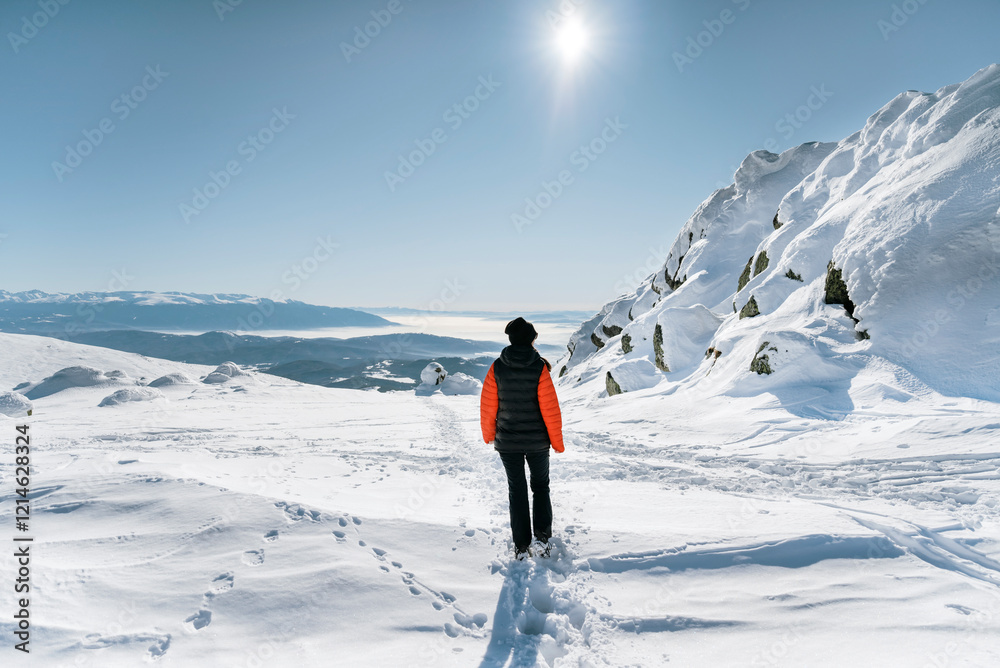 Hiker woman standing in the high winter mountain with stunning view Hiker woman standing in the high winter mountain with stunning view