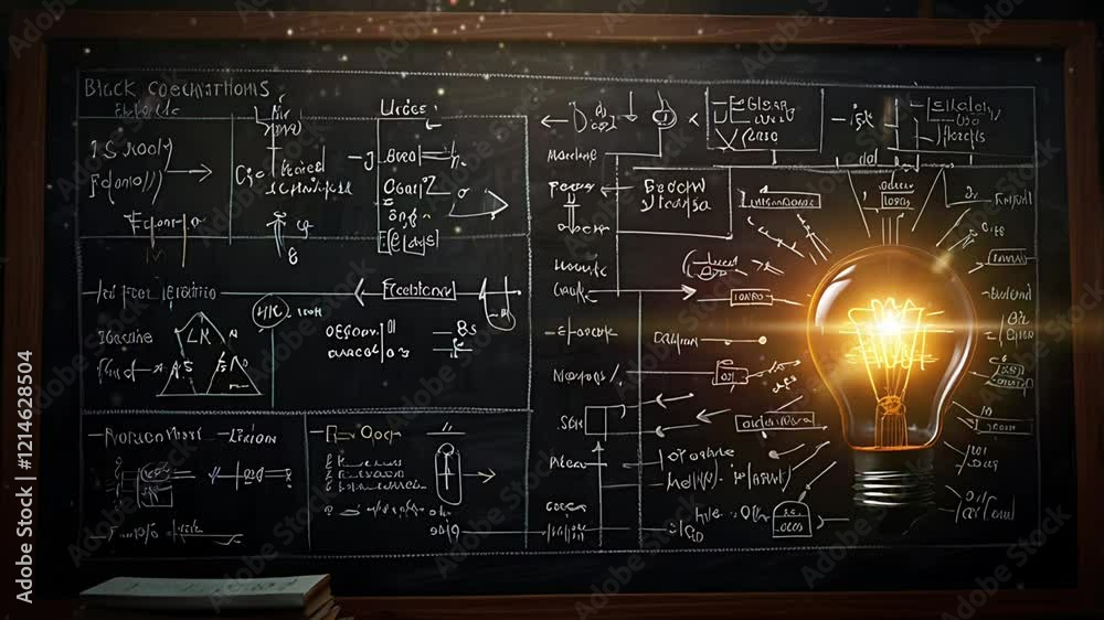 The light bulb lights up against the background of a blackboard full of scribbled lessons. Seamless 4K looping timelapse video animation background