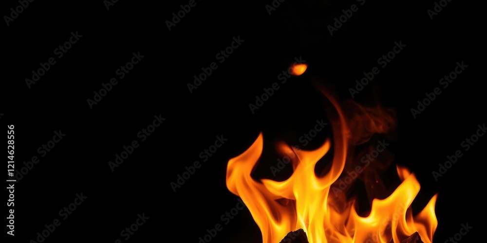 Fototapeta premium burning charcoal on black background with flames, peaceful atmosphere, rustic retreat, fire crackling