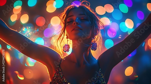 Lively portrait a woman dancing on the festival floor, her accessories illuminated by multicolored lights creating a dazzling effect.